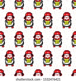 Christmas and new year seamless pattern. Cute cartoon penguins in winter clothes on a white background among snowflakes. Winter background with funny animals in vector. Doodle. Winter illustration.