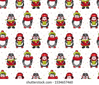 Christmas and new year seamless pattern. Cute cartoon penguins in winter clothes on a white background among snowflakes. Winter background with funny animals in vector. Doodle. Winter illustration.
