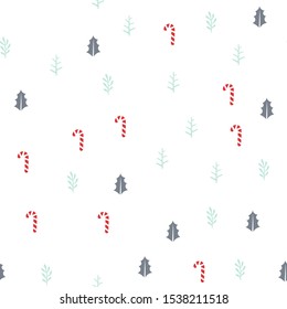 Christmas or New Year seamless pattern background with candies, and forest leaves retro style vector winter design