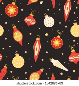 Christmas and New Year seamless pattern with baubles and twinkling stars in red white and yellow colors for print background, textures, wrapping paper design and fabric. Vector flat illustration.