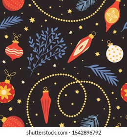 Christmas and New Year seamless pattern with baubles, floral elements and other decorations that can be used for print background, textures, wrapping paper design and fabric. Vector flat illustration.