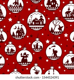 Christmas and New Year seamless pattern with white silhouette of houses and people in Christmas balls in flat style on a dark red background. Vector 

illustration