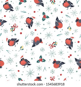Christmas and new year seamless pattern items in cartoon style. Bullfinches birds, Christmas tree needles, snowflakes, sprigs of mistletoe, berries. Vector