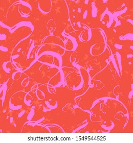 Christmas and new year seamless pattern with bright red and pink abstract ribbons, christmas lights and snowflakes. For festive design background and packaging.