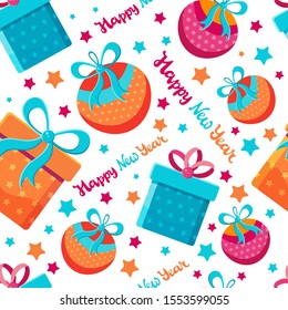 Christmas and new year seamless pattern. Gift boxes, Christmas tree toys and happy New Year lettering in vector. Children's colorful background for decoration. Cartoon design. Flat vector. Minimalism