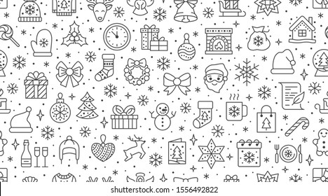 Christmas, new year seamless pattern, line background, winter holiday illustration. Vector icons of pine tree, gift, letter to santa, presents, snow. Celebration xmas party black white ornament.