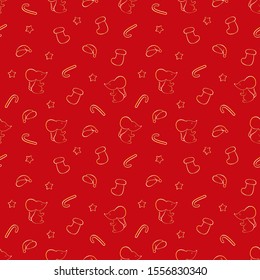 Christmas and New Year seamless pattern with little rat mouse, Santas hat, sock for gift, star, candy. Red background, golden outline. Vector. Cartoon