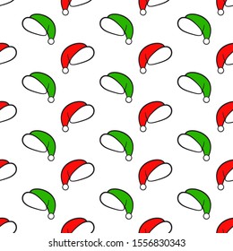 Christmas and New Year seamless pattern with Santas hat in red and green colors. White background. Vector. 