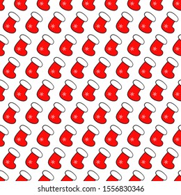 Christmas and New Year seamless pattern with sock for gift. White background. Vector. 