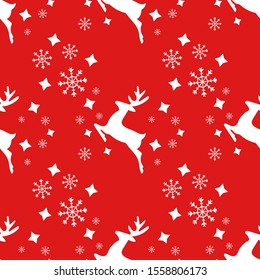 Christmas or New Year seamless pattern background. Holiday Xmas repeat texture. Festive seasonal endless print with reindeer, sleigh, stars, snowflakes. Vector EPS10 illustration