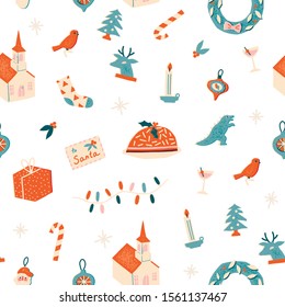 Christmas and New Year seamless pattern with various of decorations, ornaments, festive food and other holidays objects in vector.