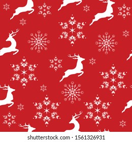 Christmas and New Year seamless pattern.  White deer and snowflakes with red background.  Merry Christmas and Happy New Year. Vector EPS10.