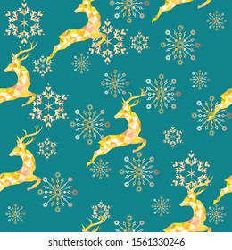 Christmas and New Year seamless pattern.  Raideer and snowflakes with blue background.  Merry Christmas and Happy New Year. Vector EPS10.
