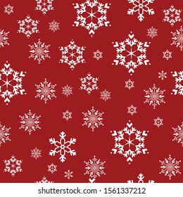 Christmas and New Year seamless pattern.  White snowflakes with red background.  Merry Christmas and Happy New Year. Vector EPS10.