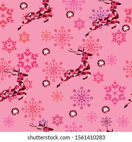 Christmas and New Year seamless pattern.  Deer (raindeer), crystals and snowflakes .  Merry Christmas and Happy New Year. Vector EPS10.