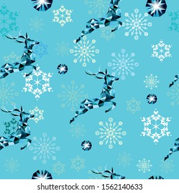 Christmas and New Year seamless pattern.  Blue crystal deer, crystals and snowflakes with blue background.  Merry Christmas and Happy New Year. Vector EPS10.