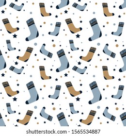 Christmas and New Year seamless pattern with socks, stars and circles. Isolated vector illustration.