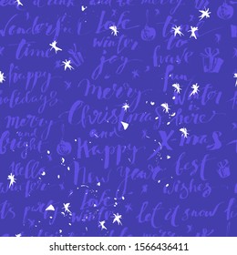 Christmas and new year seamless pattern with bright blue hand lettering and snowflakes. Season's greetings background. Merry Christmas, happy new year, merry and bright, happy holidays calligraphy.