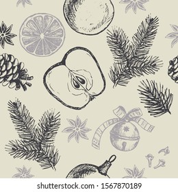 Christmas and New Year Seamless pattern. Ornament items with winter holiday symbols isolated on a gray background. Hand Drawn vector illustration.