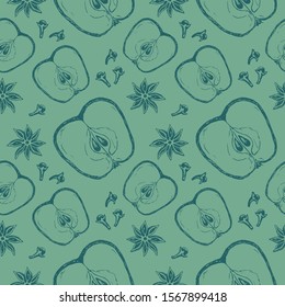 Christmas and New Year Seamless pattern. Ornament items with winter holiday symbols, apples, star anise, dried cloves isolated on a green background. Hand Drawn vector illustration.