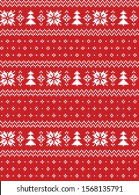 Christmas and New Year seamless pattern. Red and white pixel pattern with nordic snowflakes and Christmas trees for winter sweater, jumper, gift box paper, wallpaper, or other designs.