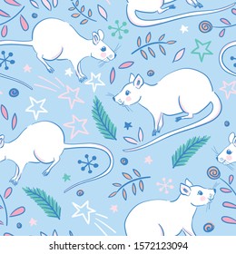 Christmas or New year seamless pattern with cute mice. Mouse. 2020 Winter background with mouse. Rat horoscope sign. Chinese year of Rat 2020. Happy New Year. Concept image of symbol chinese new year