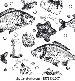 Christmas and New Year Seamless pattern with walnuts, gingerbread, candles, bells, gifts, carp fish. For printing wrapping paper, wallpaper, packaging, fabric. Hand Drawn vector illustration.