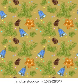 Christmas and New Year Seamless pattern with winter holiday symbols, gingerbread, bells, pine branches, pinecone. For printing wrapping paper, packaging, fabric. Hand Drawn vector illustration.