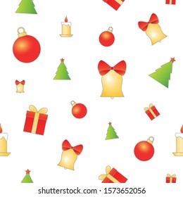 Christmas and New Year seamless pattern with gift box, bell, Christmas tree, candle and ornament on the white background. 