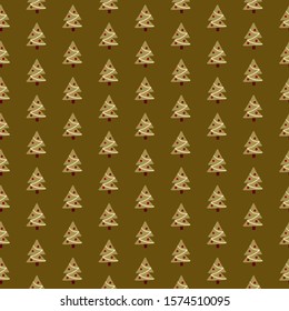 Christmas and New Year seamless pattern with Christmas tree on brown background. Holiday vector illustration.