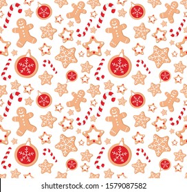 Christmas and New Year seamless pattern. Endless texture for wallpaper, web page background, wrapping paper and textile, greetings cards. Christmas gingerbread pattern. Ginger cookies, tree 