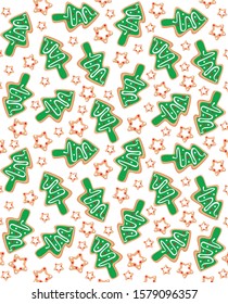 Christmas and New Year seamless pattern. Endless texture for wallpaper, web page background, wrapping paper and textile, greetings cards. Christmas gingerbread pattern. Ginger cookies, tree 