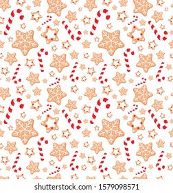 Christmas and New Year seamless pattern. Endless texture for wallpaper, web page background, wrapping paper and textile, greetings cards. Christmas gingerbread pattern. Ginger cookies, tree 