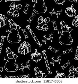 Christmas, New Year seamless pattern. Festive background with Christmas decorations, sweets, deer horns, bells, holiday boxes. Hand drawing doodle, sketch.