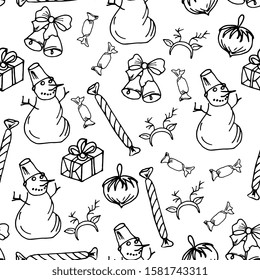 Christmas, New Year seamless pattern. Festive background with Christmas decorations, sweets, deer horns, bells, holiday boxes. Hand drawing doodle, sketch.