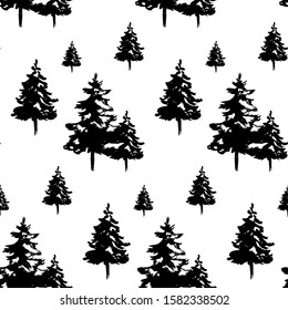 Christmas and New Year seamless pattern with hand drawn Christmas trees isolated on white. Vector illustration