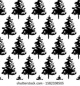 Christmas and New Year seamless pattern with hand drawn Christmas trees isolated on white. Vector illustration