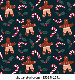  Christmas and New Year seamless pattern with gingerbread man, candy, holly Christmas plant on a dark background.  Holiday vector illustration.
