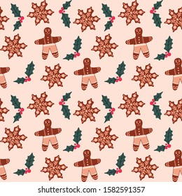 Christmas and New Year seamless pattern with gingerbread man, snowflake and Christmas holly plant. Holiday vector illustration.