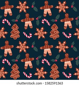  Christmas and New Year seamless pattern with gingerbread man, snowflake, Christmas tree, candy and holly Christmas plant. Holiday vector illustration.