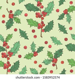 Christmas and New Year seamless pattern with holly branch. Vector hand drawn illustration.