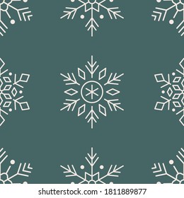 Weihnachten, neues Jahr nahtlose Muster, Schneeflocken-Liniengrafik auf grünem Hintergrund. Vektorsymbole von Winterferien, Schneeflocken in der kalten Jahreszeit, Schneefall.