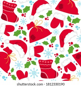 Christmas or New year seamless pattern - gifts bag, mittens, Santas hat, holly and snowflakes on white background, traditional holiday symbols - vector endless texture or printable digital paper