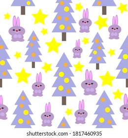 Christmas and New Year seamless pattern with rabbits and Christmas Trees. Vector holiday background for fabric, wallpaper or wrapping paper