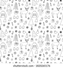 Christmas and new year seamless pattern, vector illustration, Santa Claus, reindeer, Christmas trees, snowflakes, Christmas toys, warm clothes, hand drawing sketch
