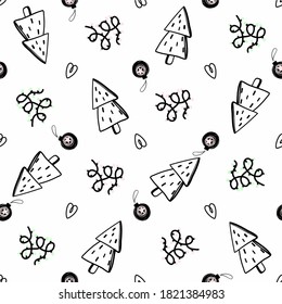 Navidad y Año Nuevo, patrón sin fisuras con árboles de Navidad y decoración navideña al estilo escandinavo, perfecto para dibujar en tela, papel envolvente o decoración interior