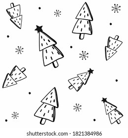 Christmas and New year, seamless pattern with Christmas trees and Christmas decor in Scandinavian style, perfect for drawing on fabric, wrapping paper or interior decoration