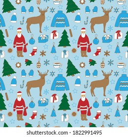 Christmas and new year seamless pattern, vector illustration, Santa Claus, reindeer, Christmas trees, snowflakes, Christmas toys, warm clothes, hand drawing, blue background