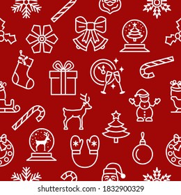 Christmas and new year seamless pattern with flat line icons. White symbols on a red background