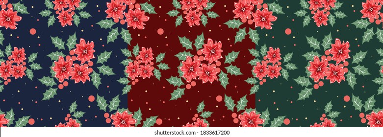 Christmas New Year seamless pattern with lettering and festive flowers. Set of vector images.